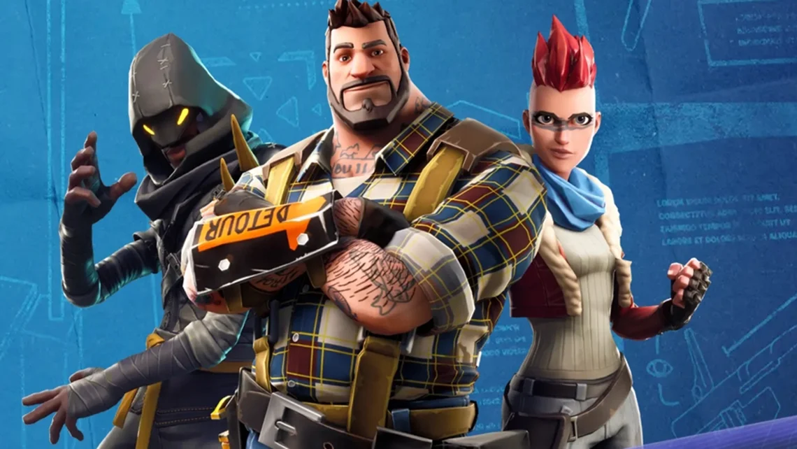 Fortnite characters posing together, including a masked rogue, a rugged builder with a tool, and a red-haired fighter, set against a blue game interface background