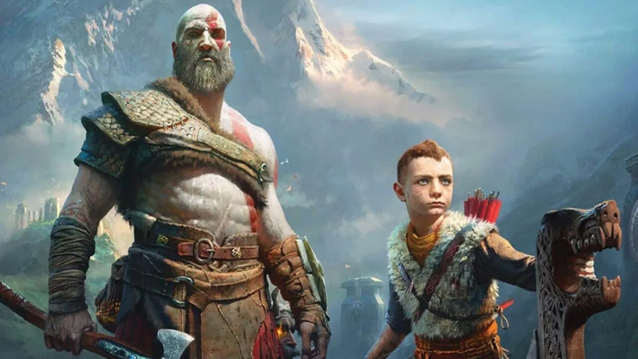 God of War artwork featuring Kratos and Atreus standing in a snowy mountainous Norse setting with weapons ready