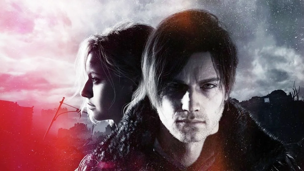 Resident Evil Requiem promotional artwork featuring Leon alongside a female character against a dark, post-apocalyptic backdrop