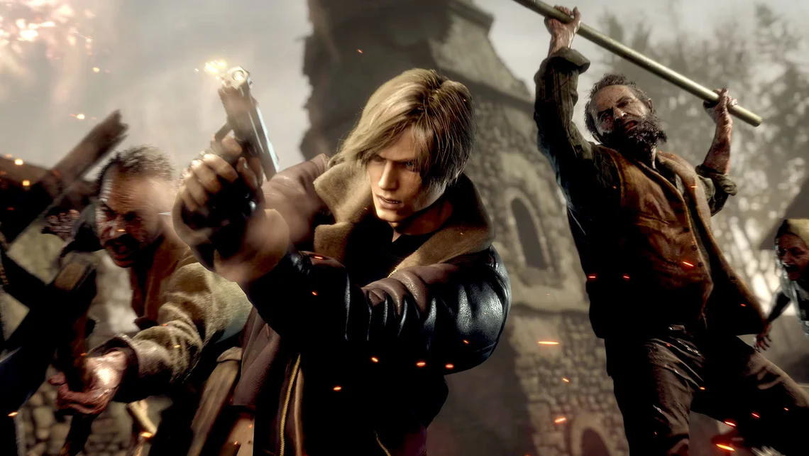 Leon S. Kennedy fighting infected villagers in an intense combat scene from Resident Evil 4 Remake.