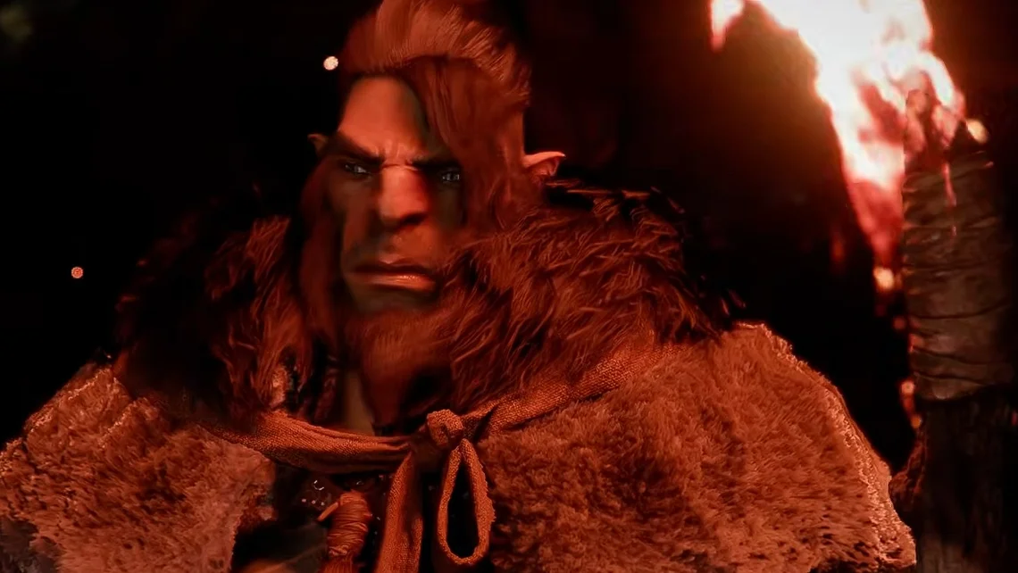 Close-up of a rugged warrior holding a flaming torch in Crimson Desert, showcasing intense character detail and dark fantasy atmosphere