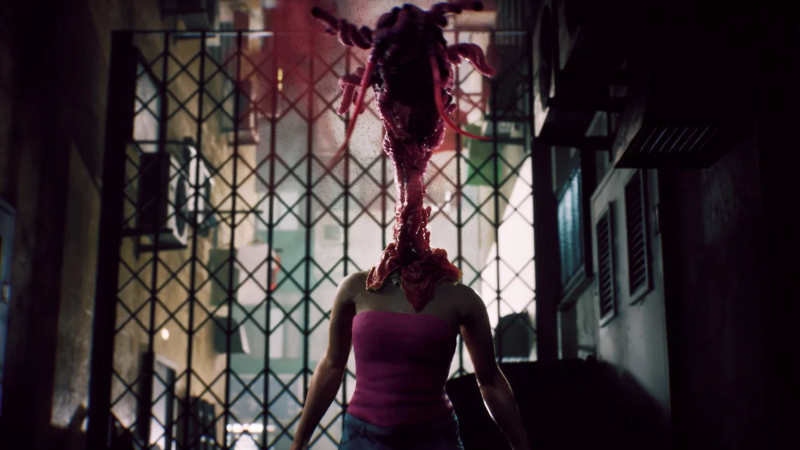 Disturbing transformation scene from Resident Evil Requiem showing a character mutating in a dark alley, highlighting the survival horror atmosphere of the game.