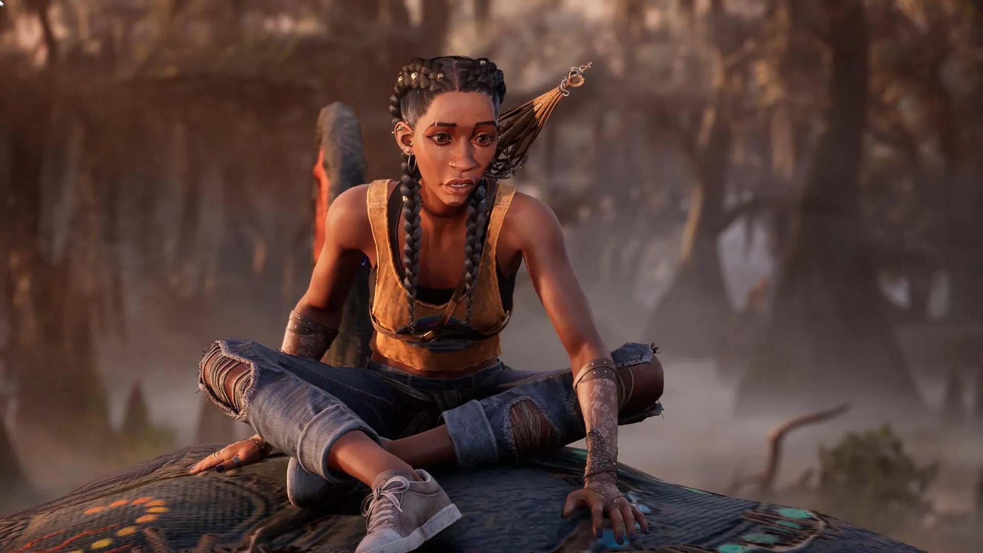 Hazel sitting on a fallen log in a mystical swamp environment in South of Midnight, showcasing the game’s stylised stop-motion inspired visuals.