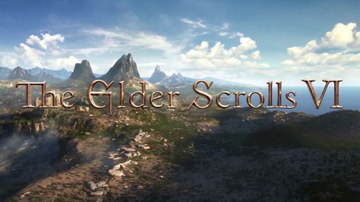 The Elder Scrolls VI title over a vast fantasy landscape with mountains and coastline, teasing Bethesda’s upcoming RPG