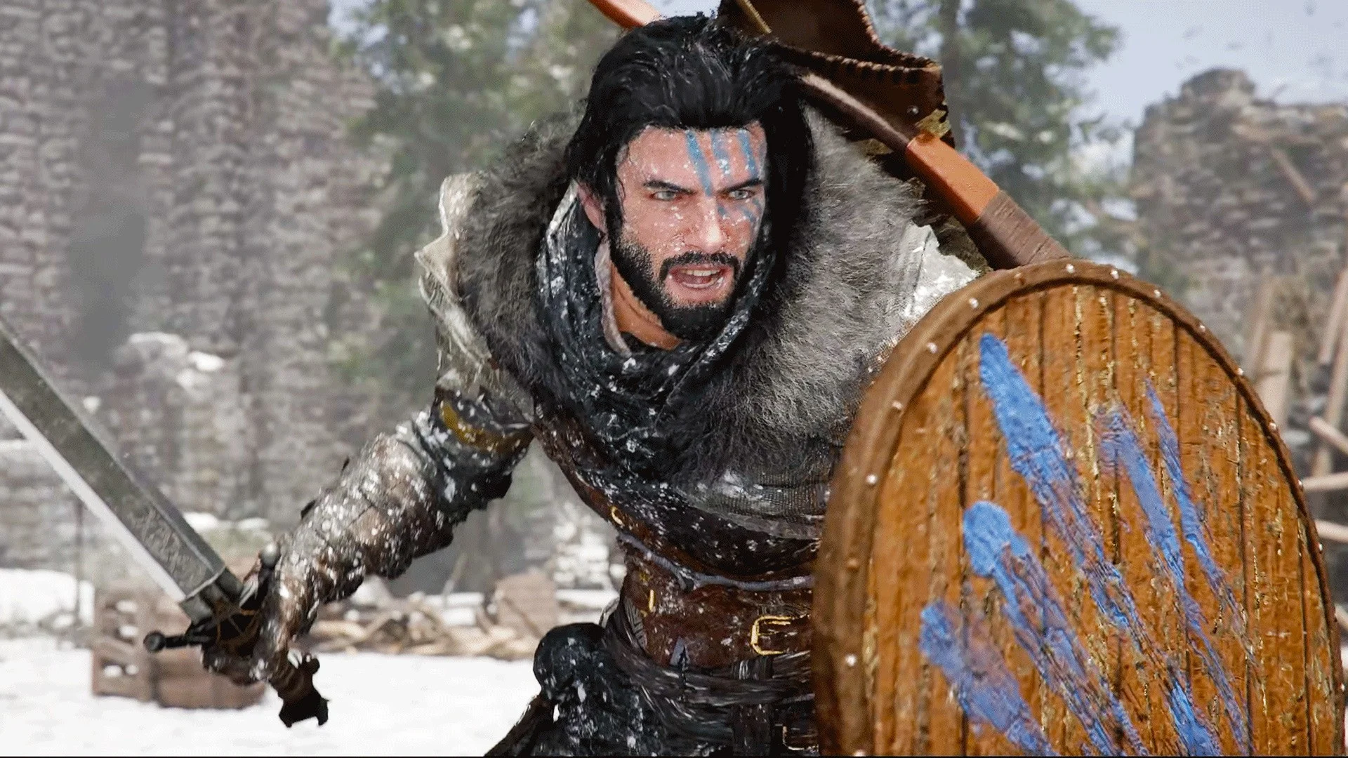 Crimson Desert gameplay showing a warrior with sword and shield during an intense snowy battle sequence in the upcoming open-world RPG.