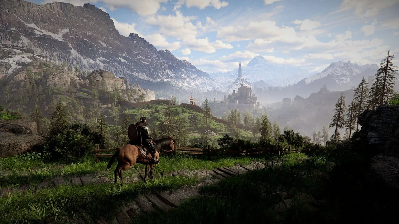 Crimson Desert gameplay showing a rider on horseback overlooking a vast mountainous landscape with forests, cliffs, and a distant castle city in the valley