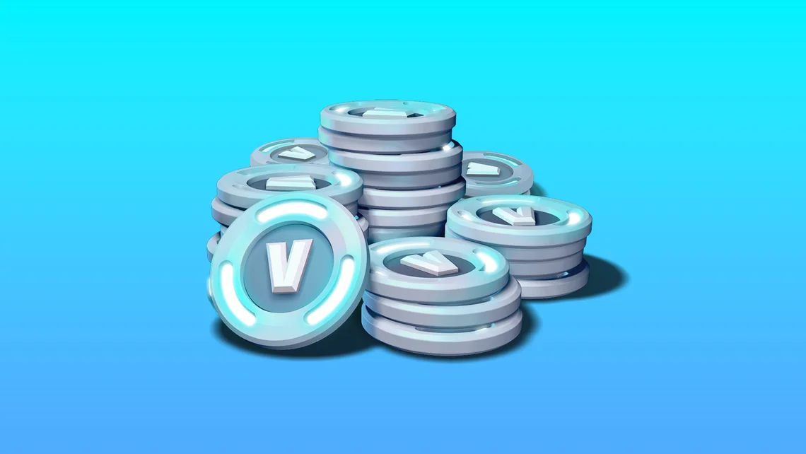 Stack of Fortnite V-Bucks coins representing the in-game currency used to purchase skins, emotes, and battle passes in Fortnite.