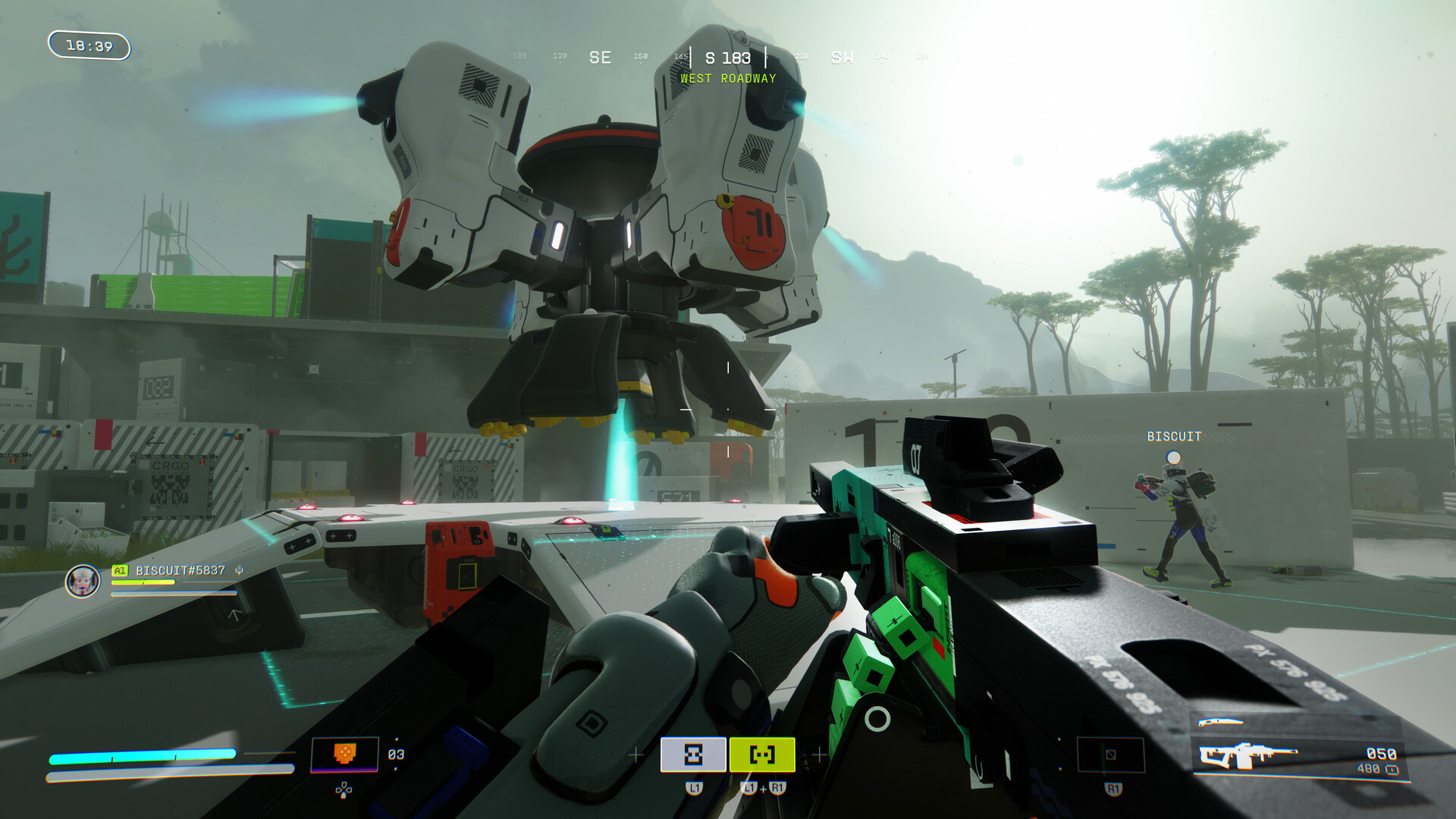 First-person view of a player aiming a weapon at a hovering extraction device in Marathon, with another runner nearby in a futuristic sci-fi environment