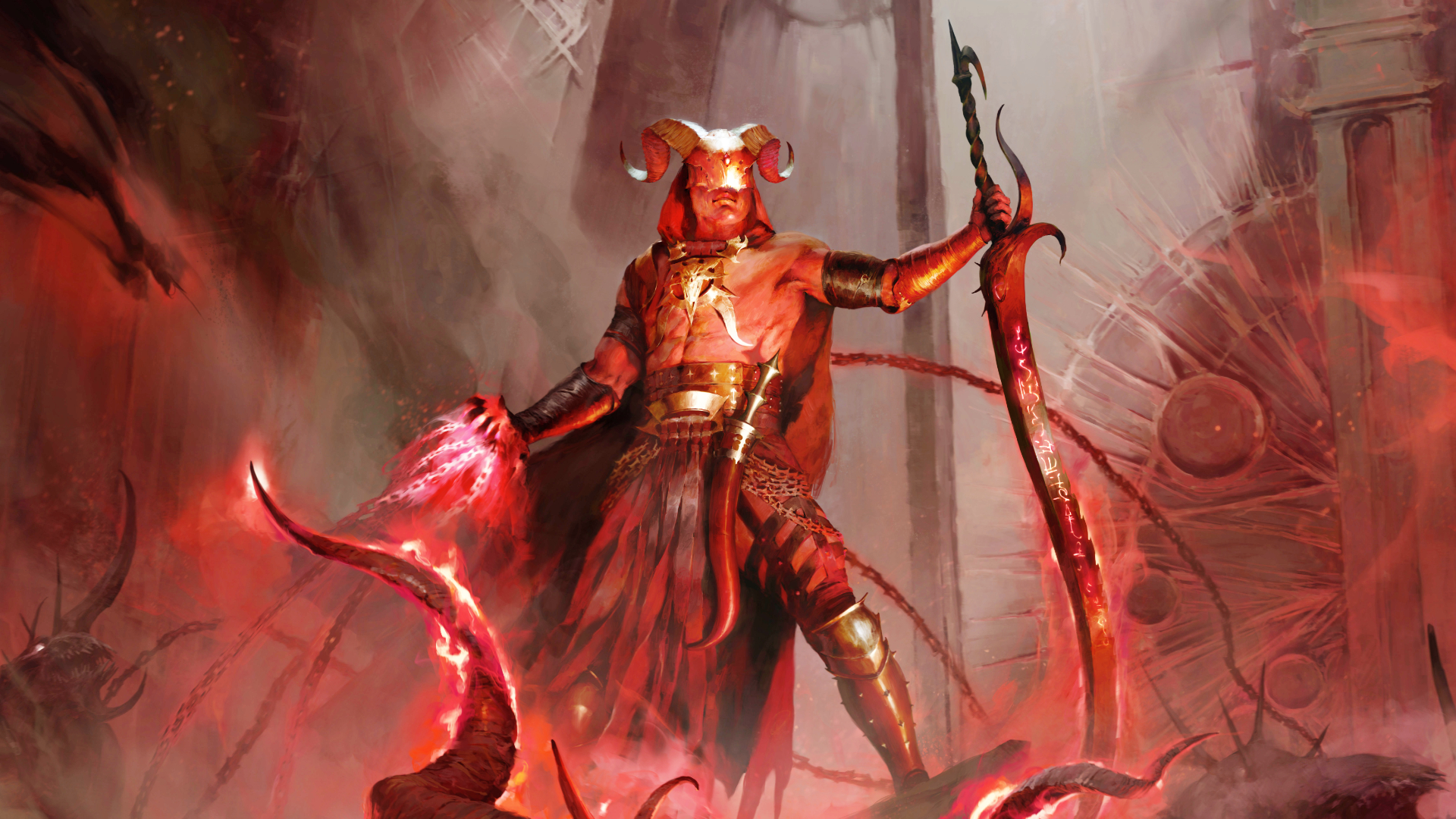 The Butcher demon wielding a massive weapon surrounded by red demonic energy in Diablo 4 transformation artwork.