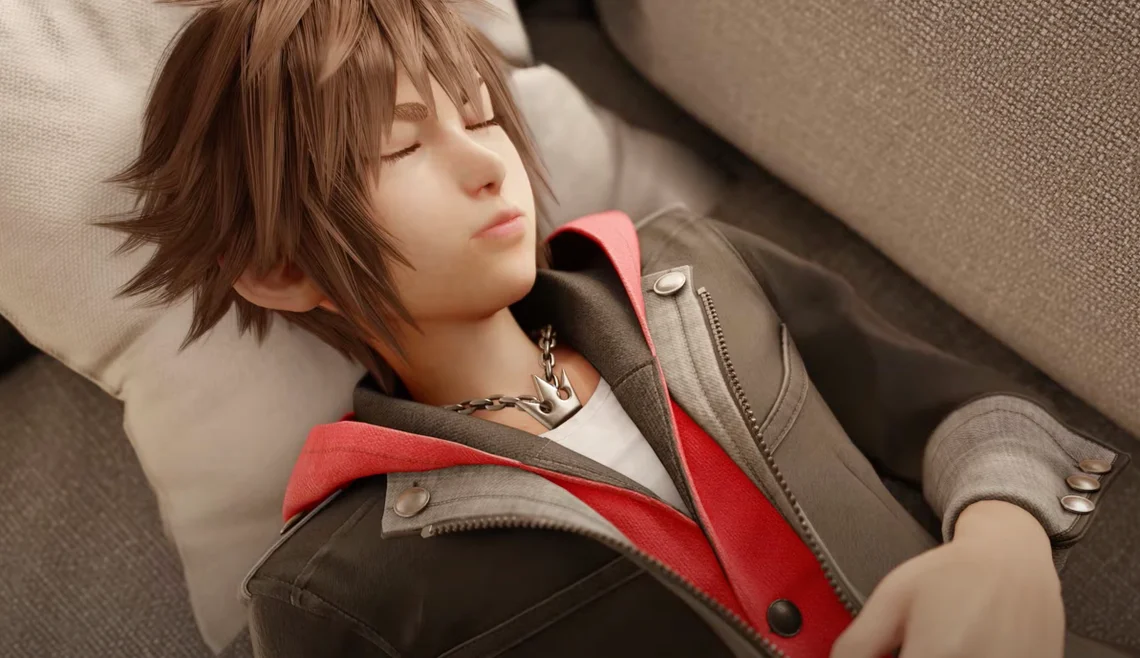 Close-up of Sora from Kingdom Hearts 4 lying down in a realistic art style, showcasing updated character design and graphics