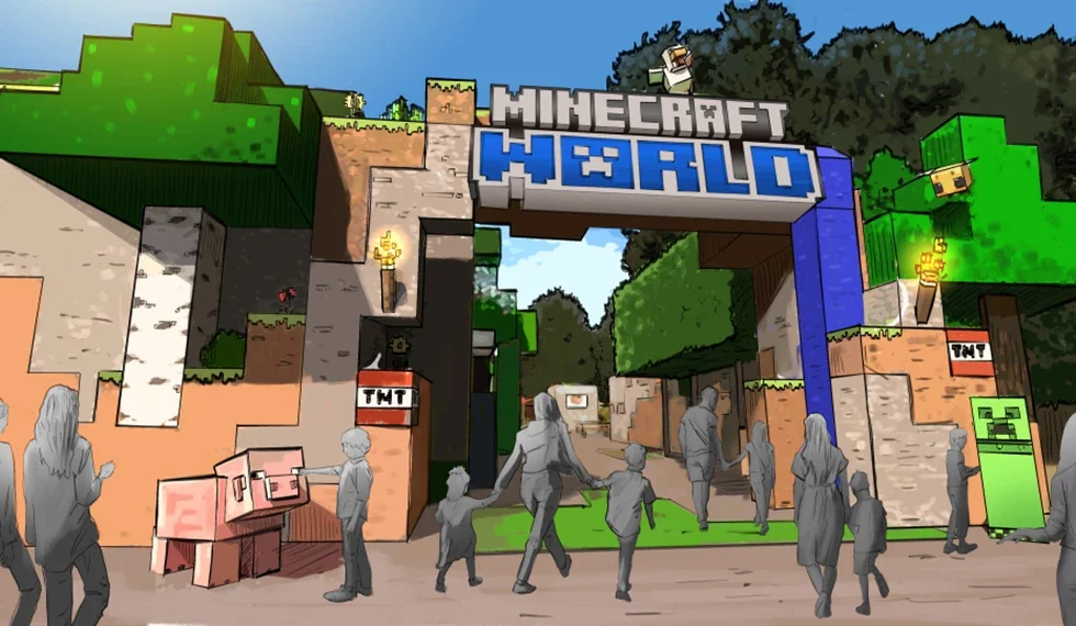 Concept illustration of Minecraft World theme park entrance featuring block-style structures, TNT details, and families walking into the immersive attraction