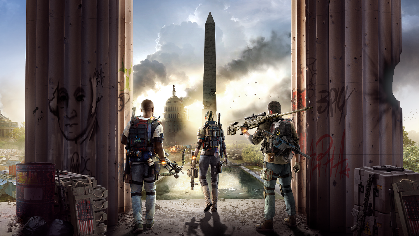 Three Division agents walking toward the Washington Monument in a devastated Washington D.C. scene from The Division 2.