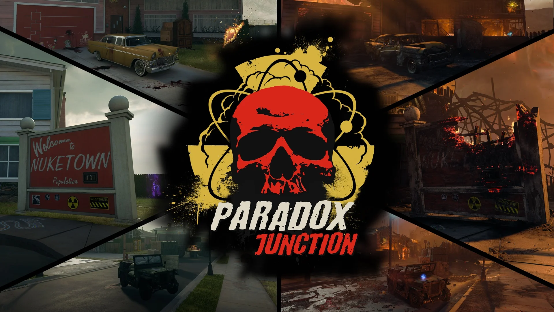 Call of Duty Black Ops 7 Paradox Junction Zombies map artwork featuring Nuketown environments and apocalyptic battle scenes
