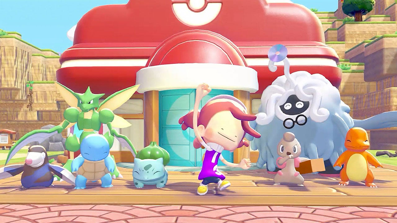 Pokémon trainer dancing in front of a Poké Centre with Pokémon including Bulbasaur, Squirtle, Charmander and Scyther in Pokémon Pokopia