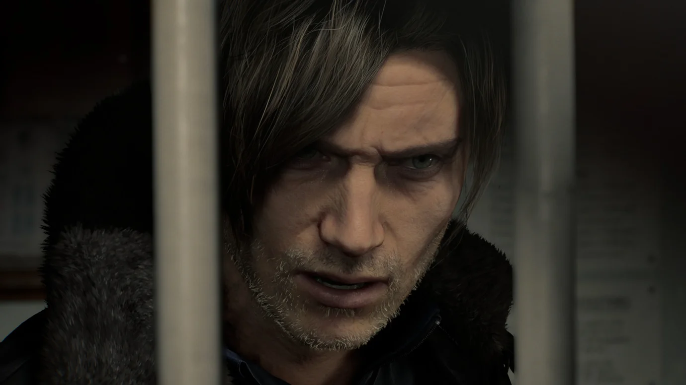 Close-up of a male character in Resident Evil Requiem looking tense and distressed through metal bars in a dark, cinematic scene.