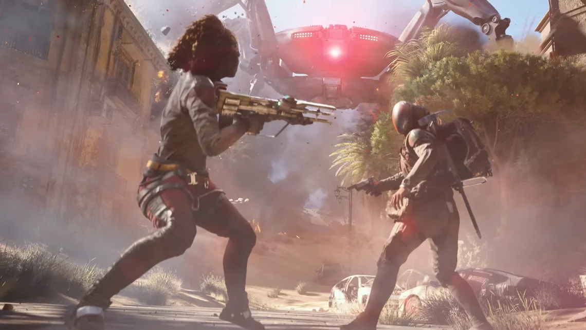 Arc Raiders gameplay image showing two players fighting a large robotic enemy in a разрушed urban environment with explosions and debris