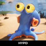 Blue octopus character Darwin sitting on a sandy shore with wide expressive eyes in Darwin’s Paradox! game