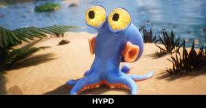 Blue octopus character Darwin sitting on a sandy shore with wide expressive eyes in Darwin’s Paradox! game