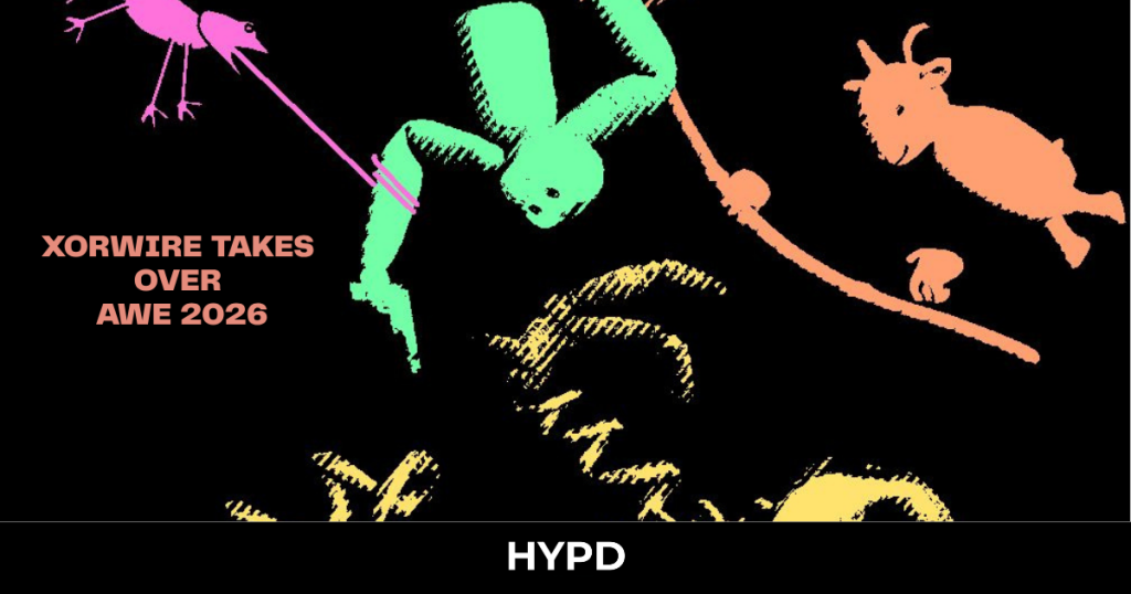 Colourful abstract artwork promoting XORWIRE’s presence at AWE 2026 with stylised figures and bold text on a dark background