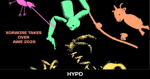 Colourful abstract artwork promoting XORWIRE’s presence at AWE 2026 with stylised figures and bold text on a dark background