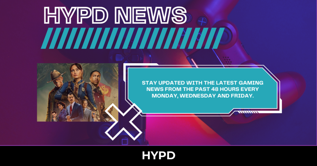 HYPD News banner featuring gaming updates from the last 48 hours with Fallout artwork and a modern gaming-themed background