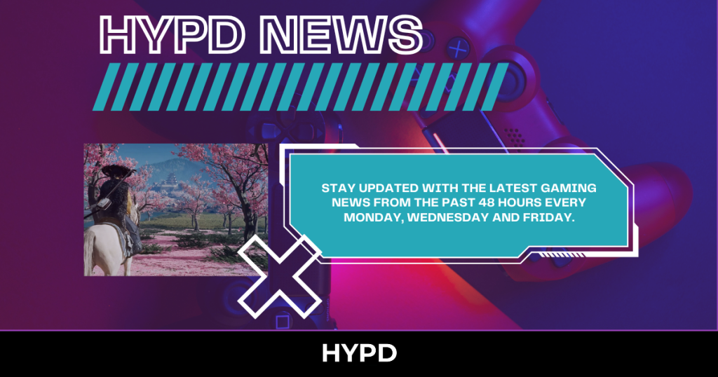 HYPD News banner featuring a gaming controller background, Ghost of Yōtei scene, and text promoting latest gaming news updates every Monday, Wednesday, and Friday