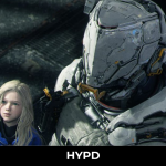 Astronaut Hugh and android girl Diana standing together inside a futuristic lunar base in Pragmata game scene