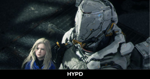 Astronaut Hugh and android girl Diana standing together inside a futuristic lunar base in Pragmata game scene