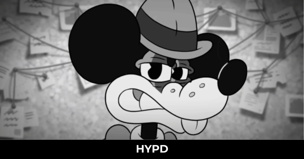 Black and white cartoon mouse detective wearing a hat with a serious expression, surrounded by a crime investigation board in a noir-style setting