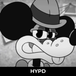 Black and white cartoon mouse detective wearing a hat with a serious expression, surrounded by a crime investigation board in a noir-style setting