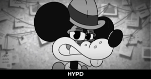 Black and white cartoon mouse detective wearing a hat with a serious expression, surrounded by a crime investigation board in a noir-style setting