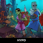 Colourful Esoteric Ebb characters exploring a surreal fantasy landscape with a goblin, armoured knight, and mystical figure in a vibrant RPG scene
