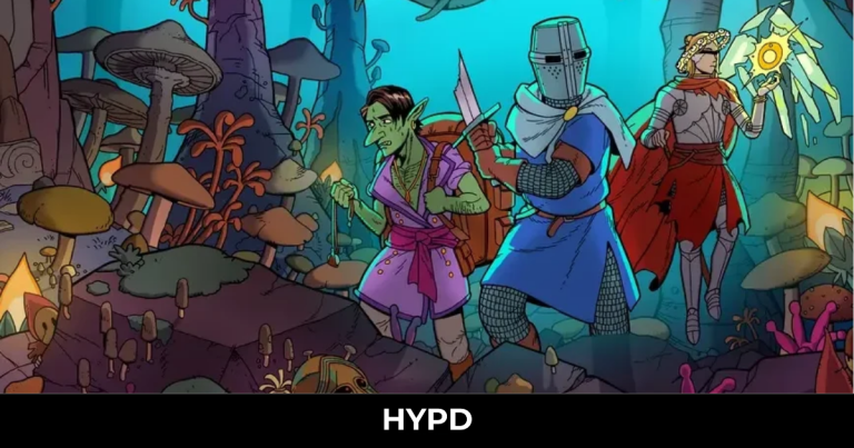 Colourful Esoteric Ebb characters exploring a surreal fantasy landscape with a goblin, armoured knight, and mystical figure in a vibrant RPG scene