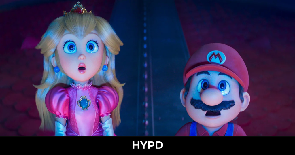 Princess Peach and Mario looking surprised in a colourful scene from The Super Mario Galaxy Movie