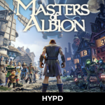 Masters of Albion gameplay scene showing a hero facing villagers and monsters in a fantasy village setting