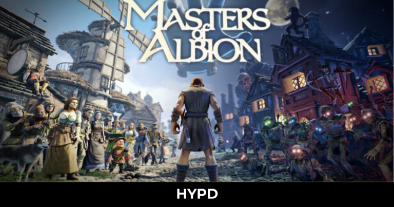 Masters of Albion gameplay scene showing a hero facing villagers and monsters in a fantasy village setting