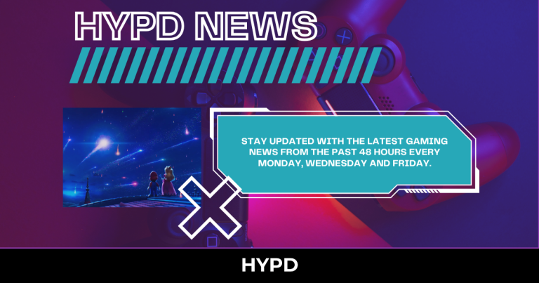 HYPD News graphic promoting gaming world news updates from the past 48 hours every Monday, Wednesday and Friday with vibrant gaming visuals