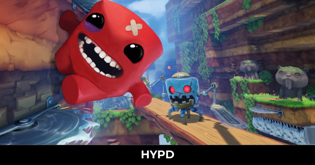 Super Meat Boy jumping across a wooden platform while being chased by a robot enemy in a colourful 3D platforming level with traps and hazards