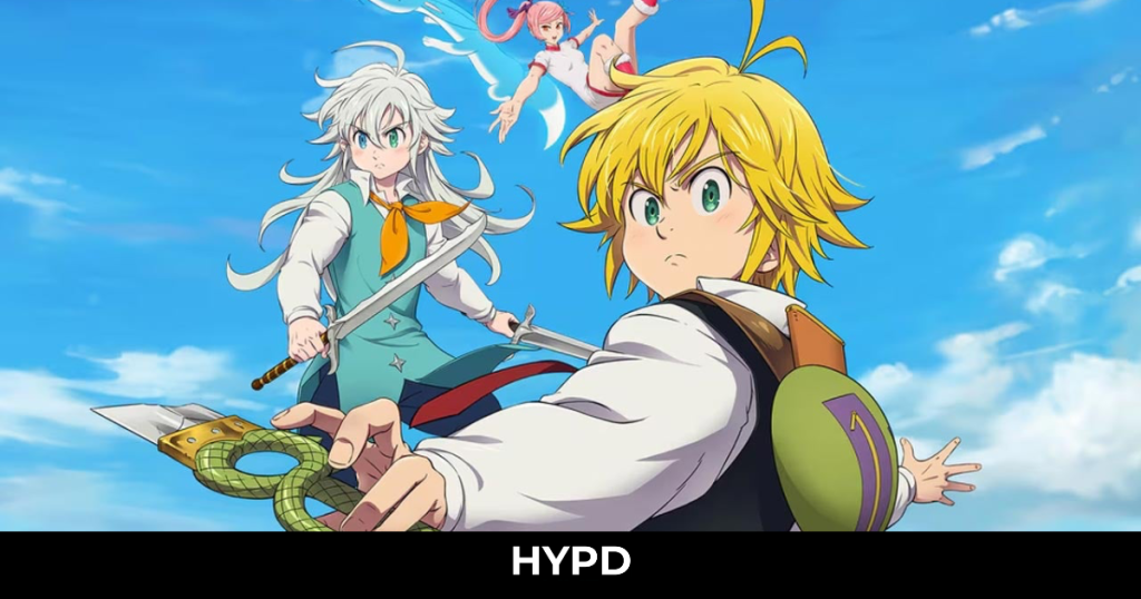 Anime-style artwork from The Seven Deadly Sins Origin featuring Meliodas and Tristan in a dynamic battle pose against a bright blue sky