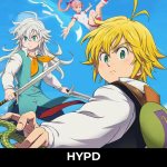 Anime-style artwork from The Seven Deadly Sins Origin featuring Meliodas and Tristan in a dynamic battle pose against a bright blue sky