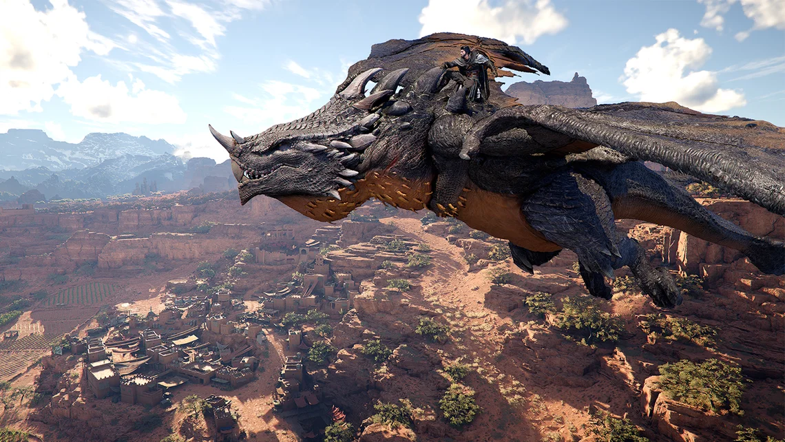 Player character riding a large dragon over a desert landscape in Crimson Desert showcasing open-world exploration