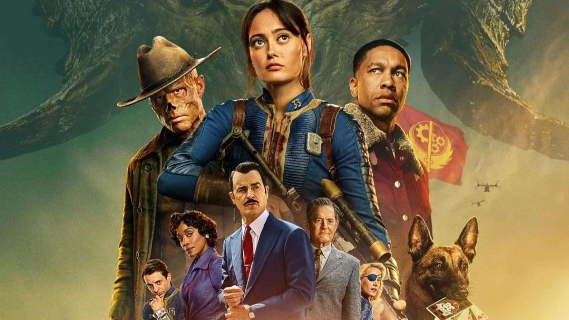 Fallout Season 2 promotional poster featuring main characters in a post-apocalyptic setting from the hit Prime Video series