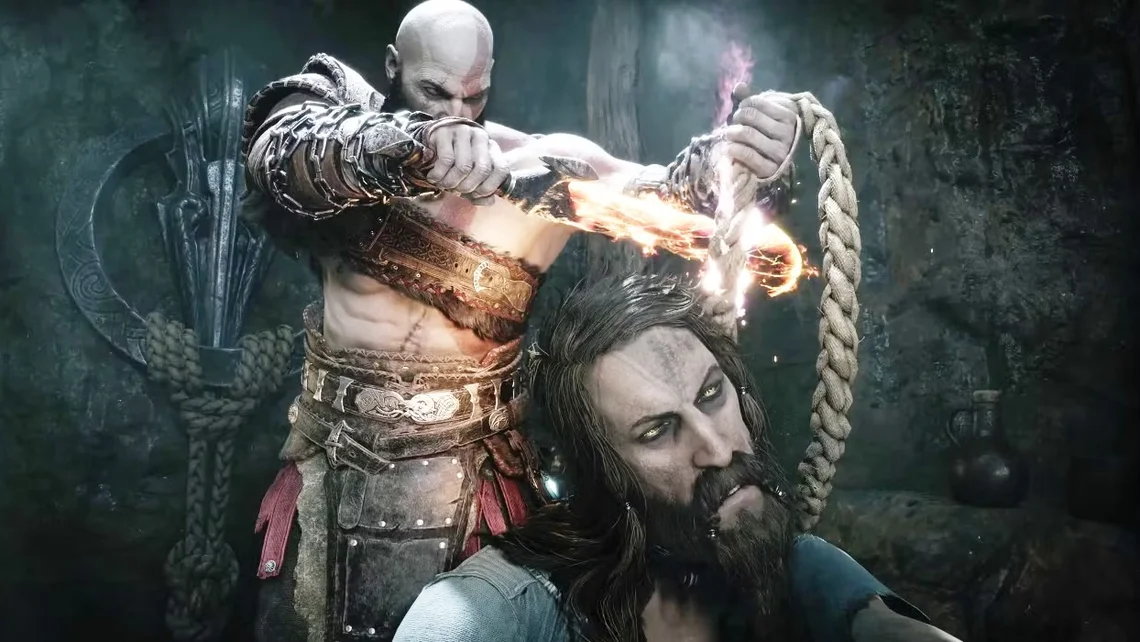 Kratos cutting a rope with flaming Blades of Chaos to free Týr in a dramatic God of War Ragnarök cinematic scene