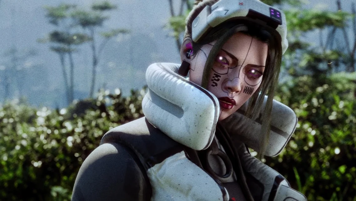 Futuristic character from Marathon wearing a VR headset and high-tech suit with glowing cybernetic details in an outdoor sci-fi setting