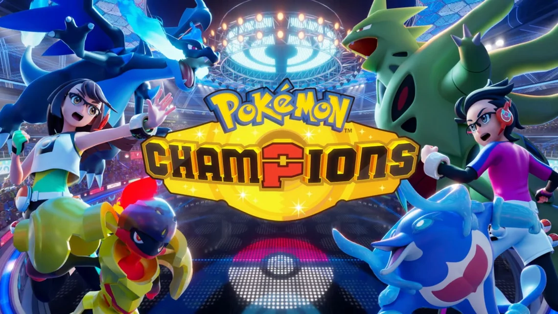Pokémon Champions promotional artwork showing trainers and Pokémon battling inside a futuristic arena with the game logo centred