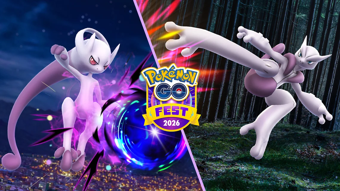 Mega Mewtwo in action during Pokémon Go Fest 2026 event showcasing powerful attacks and gameplay scenes