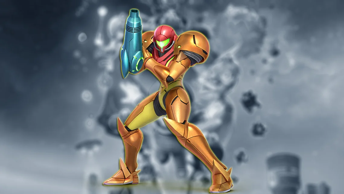 Samus Aran in iconic power suit aiming arm cannon in a futuristic sci-fi scene