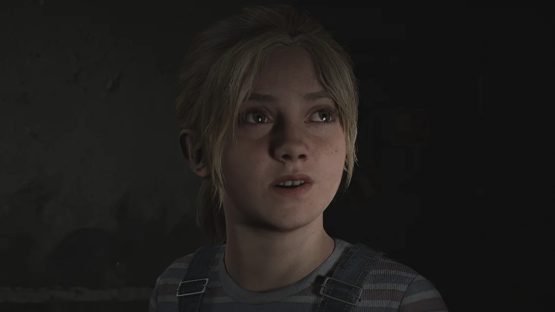 Close-up of Laura from Silent Hill 2 remake, showing a young girl with a serious expression in a dimly lit environment