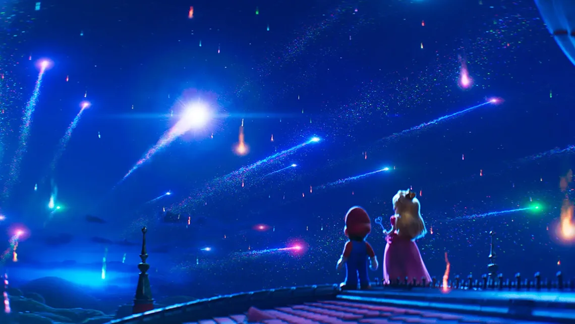 Mario and Princess Peach watching a colourful meteor shower in the Super Mario Galaxy Movie with glowing stars streaking across a night sky