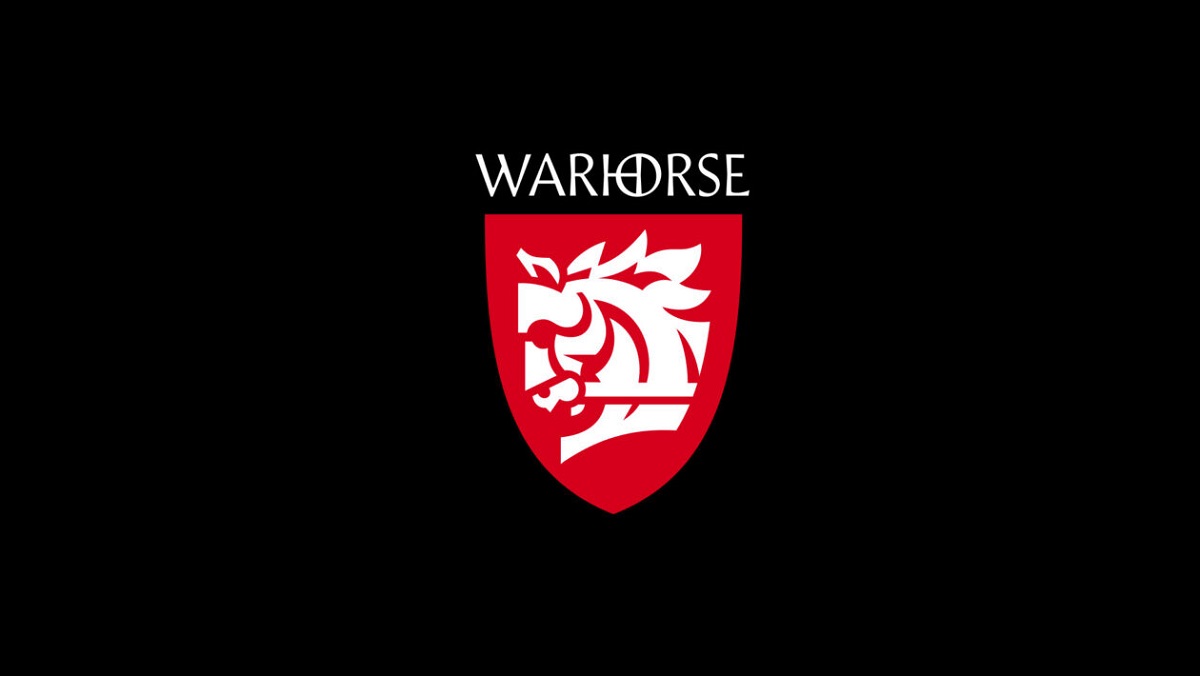 Warhorse Studios logo featuring a red shield with a white horse emblem on a black background